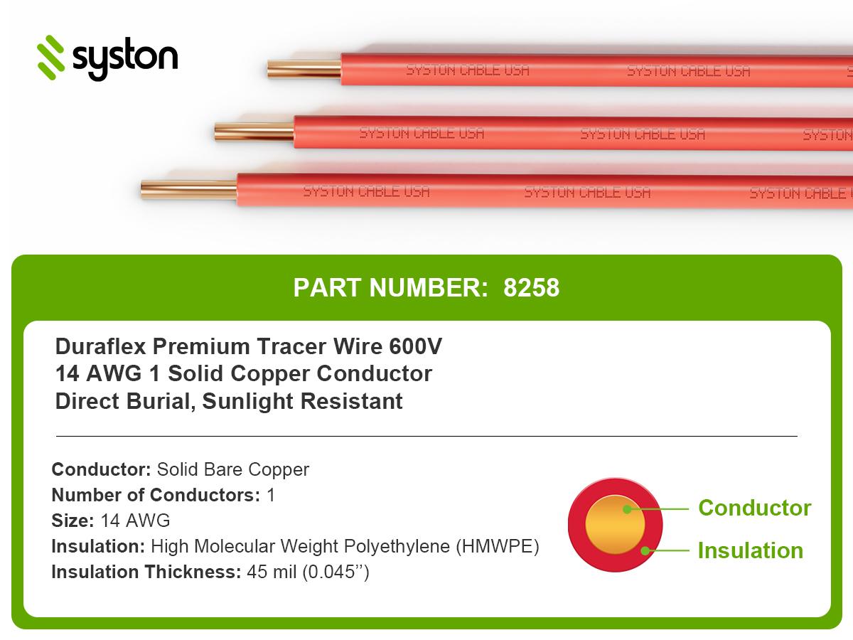 SYSTON 14 AWG 1 Conductor Tracer Wire 600V Solid Copper for Underground Tracing Gas Water Sewer Fiber Optic Pipes Outdoor Install