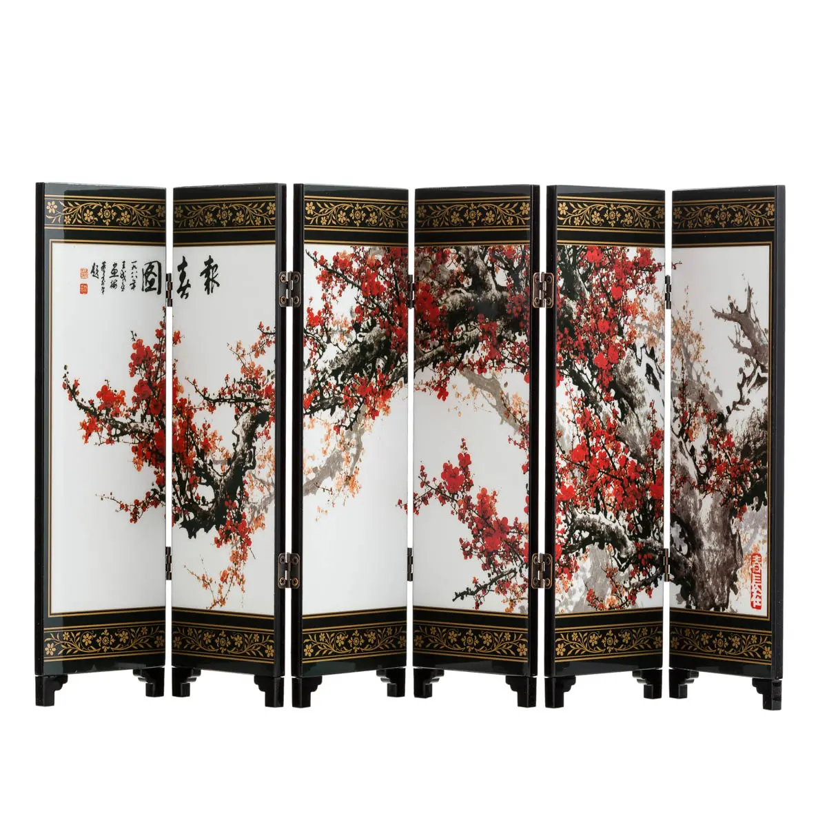 Thy Home Foldable 6-Panel Lacquered Wood Traditional Chinese Artwork Double-Sided Mini Room Divider Furniture with Antique Hinges, Living Room Desk Decor, Gift-Box Ready Artistic Gift