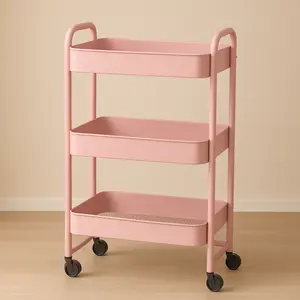 3-Tier Rolling Metal Utility Cart with 6 Hooks and Handle, Storage Cart on Wheels for Classroom, Office, Dorm, and Home – White/Pink