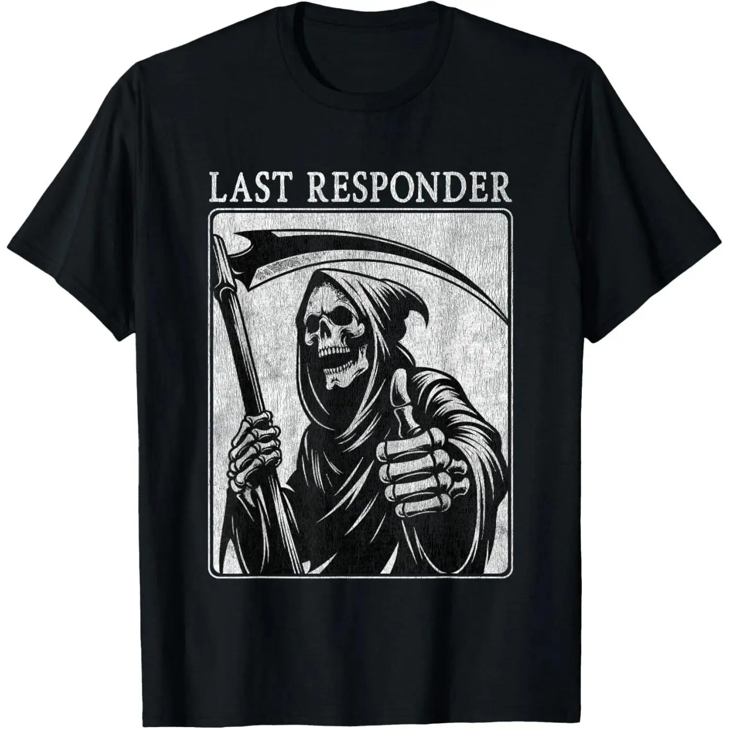 Unisex Graphic Tee Grim Reaper Last Responder Distressed Gothic Horror Print Casual Design Oversized T Shirt Streetwear Style Crewneck Short Sleeve Soft Cotton Breathable Loose Fit Daily Wear Dark Aesthetic Summer Outfit Meme Gift Trendy Top