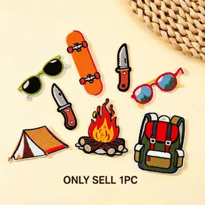 Outdoor Campfire Embroidery Patch, Iron On Self Adhesive Fabric Patches Camping Series For Clothing Bag Backpack DIY Decoration Accessories