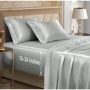 4 count Extra Deep Pocket Satin Sheets  Size Bed Set,  Grey Satin Sheet Set Fit 18-24 Inch Deep Pocket Mattress, Silky & Luxury Satin Bedding Set Soft & Ultra Deep Fitted Sheet Set