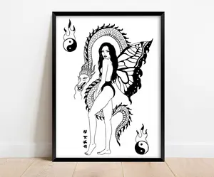 Steph Marie Art Dragon Girl Art Print with Black and White Tattoo Art Design, Wall Art