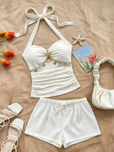 Women's 2-Piece Set: Starfish & Seashell-Embellished Halter Top + Shorts — Y2K Bohemian Beachwear, Trendy Summer Vacation Outfit (Ideal for Parties, Date Nights, and the Beach)