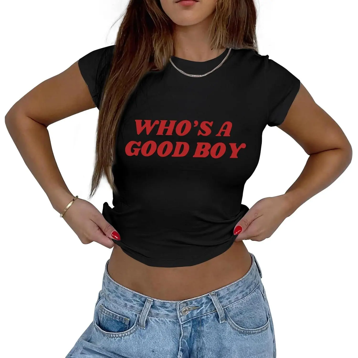 Funny Y2k Crop Tops for Women Who's A Good Boy Print Baby Tee Grunge Cropped Short Sleeve Shirts Casual Slim Fit Top