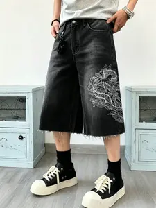 High Street Trendy Straight Leg Loose Fit Hip Hop Casual Denim Jeans Shorts, Dragon Embroidery Pattern, Frayed Hem Design