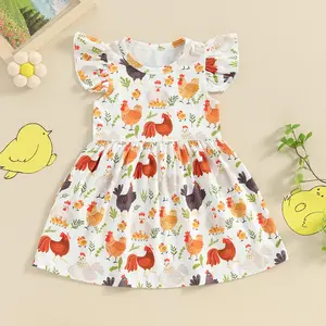 Farm Baby Clothes Animals Rooster Hen Print Fly Sleeve Baby Dress Summer Clothes 6 12 18 24Months 2T 3T 4T 5T 6T