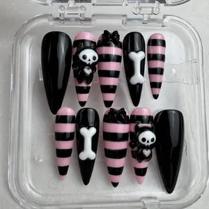 Goth Kawaii 3D Press On Nails: Pink Black Stripes and Skeleton Charms