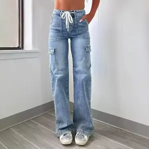 2025 new women's casual straight leg jeans with shoelaces and multiple pockets. Casual fashion denim fabric sports pants jeans fit women's clothingRAIMENTRY