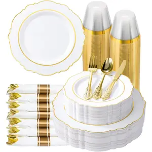 350 Piece White Gold Dinnerware Set for 50 Guests Elegant Baroque Disposable Dinnerware for Weddings, Parties, 100, 50 Pre Rolled with Silverware, 50 Cups