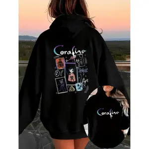 Stylish Holiday Themed Coraline Inspired Hoodie With Double Sided Cartoon Print And Drawstring Detail