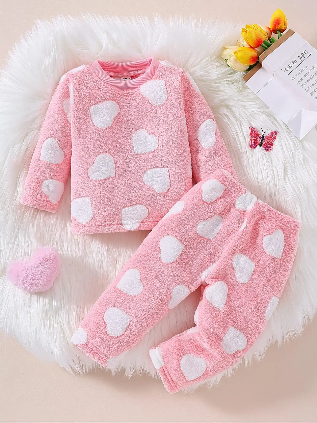 Girl's Heart Design Long Sleeve Top & Elastic Waist Pants Two-piece Set, Casual Round Neck Top & Trousers for Fall & Winter, Kids Clothes for Daily We