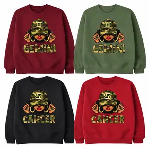 [Full 12 Zodiac] Camo Zodiac Sweatshirt  – Afro Woman Astrology Sign Pullover with Sparkly Hat Graphic, Unisex Horoscope Crewneck Gift for Black, Military Green, Red, Maroon Color