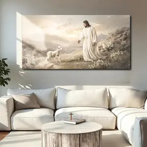 Jesus Protects The Lamb From Wolves Faith Wall Art Religious Decor Jesus With Sheep Canvas Good Shepherd Bedroom Cotton Matte Minimalist Print Ornaments Traditional