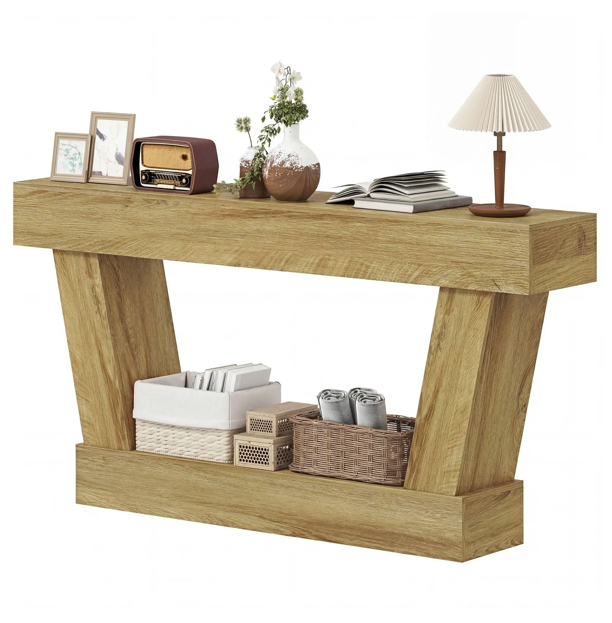 63 Inch Console Table, Vintage Entryway Table with Shelf - Oak Living Room Sofa Table
