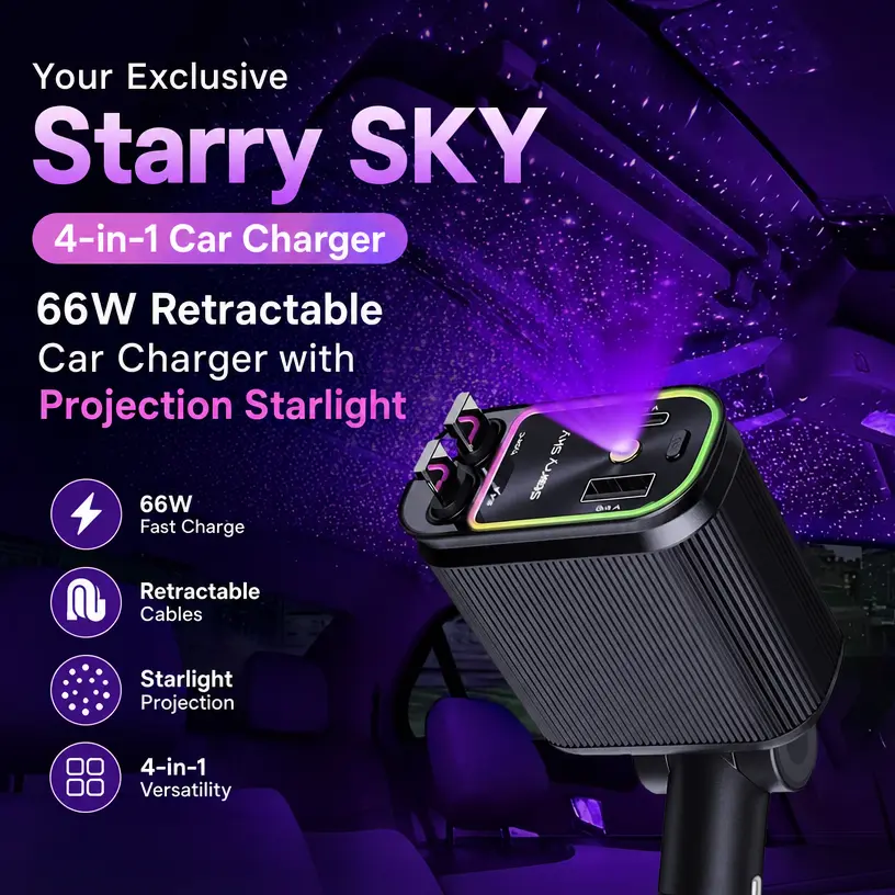 New Starlight Headliner 4‑in‑1 Retractable Car Charger, PD 66W USB‑C Fast Charging, Red & Blue Starry‑Sky Projection Light, Built‑in Retractable Lightning & Type‑C Cables, Multi‑Port for iPhone & Android, Holiday Gift for Boyfriend