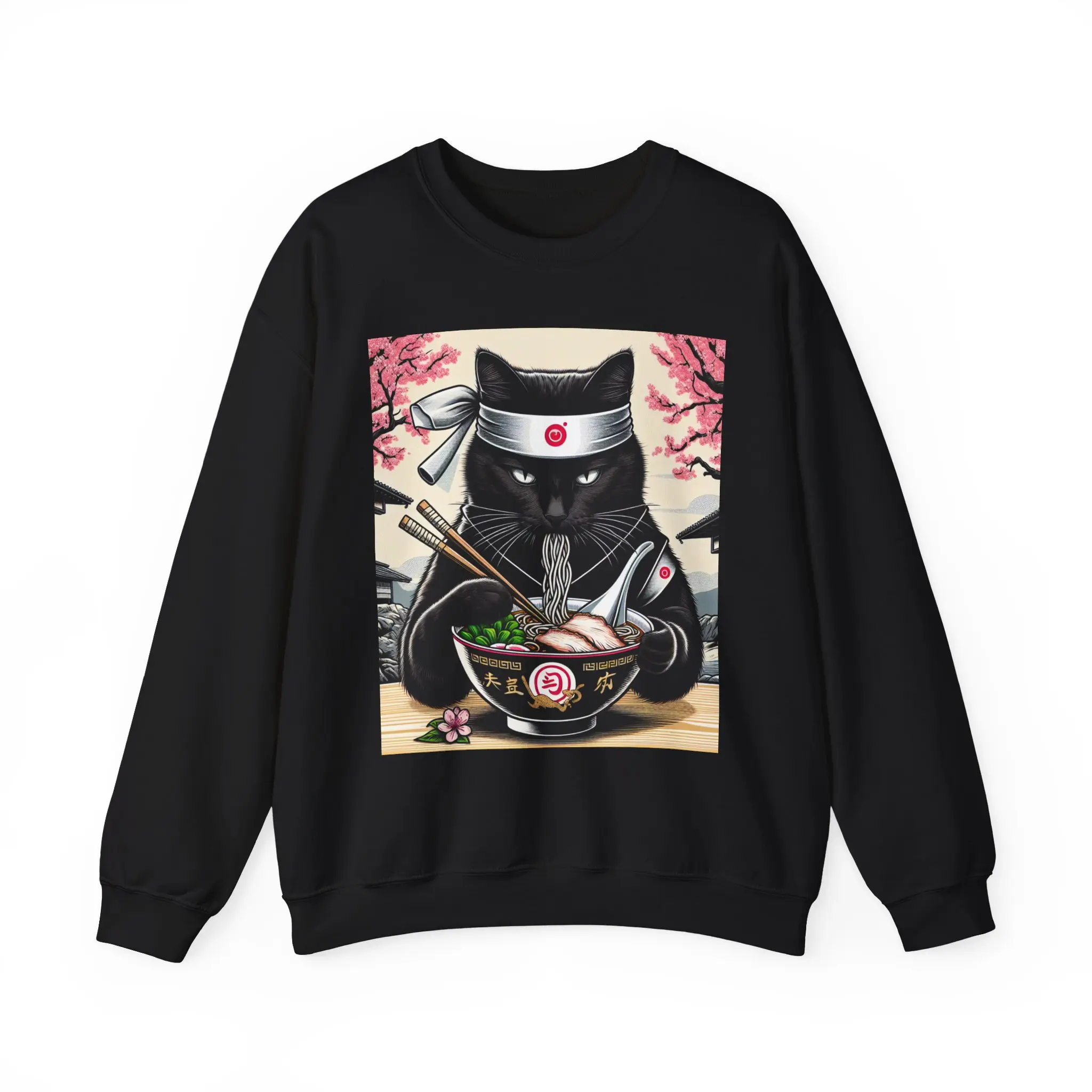 Crewneck Sweatshirt, Ninja Cat Eating Ramen - Funny Cat Lover Gift, Japanese Noodle Soup, Graphic Sweater, Kawaii Kitty, Cozy Jumper