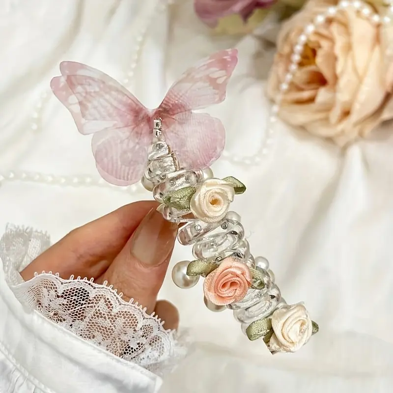Fairy Roses Fashion Headbands - 2 Whimsical Fairycore Flower Hair Accessories with Butterflies, Phone Cord Details, Nylon Hair Ties, Rope Ties for Forest-Style Ponytails, Bubble Braids (Women's), Flower Hair Accessories Headbands