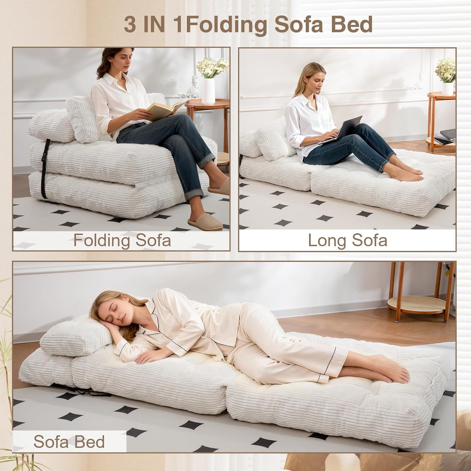 Folding Sofa Bed Convertible Sleeper Chair with Pillow Foldable Mattress with Back Support Portable Fold Out Chair Bed Comfy Floor Sofa Lounge for Living Room Bedroom Gray Single