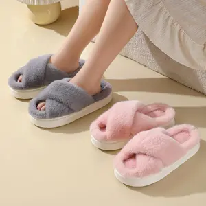Women's Faux Fur Slippers - Crossover Heel Indoor and Outdoor Shoes, Non-Slip Sole, Memory Foam Comfort