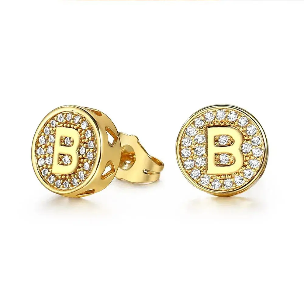 Initial Letters Earrings, 10mm Gold Plated Round Shape CZ Jewelry for Women & Men, Personal Wedding Gift, Stud Earrings, Classic, Unisex, Anniversary, Wedding Gift Ideas, Dimensions, Alphabet, Diameter:10mm*10Mm, Length:11mm