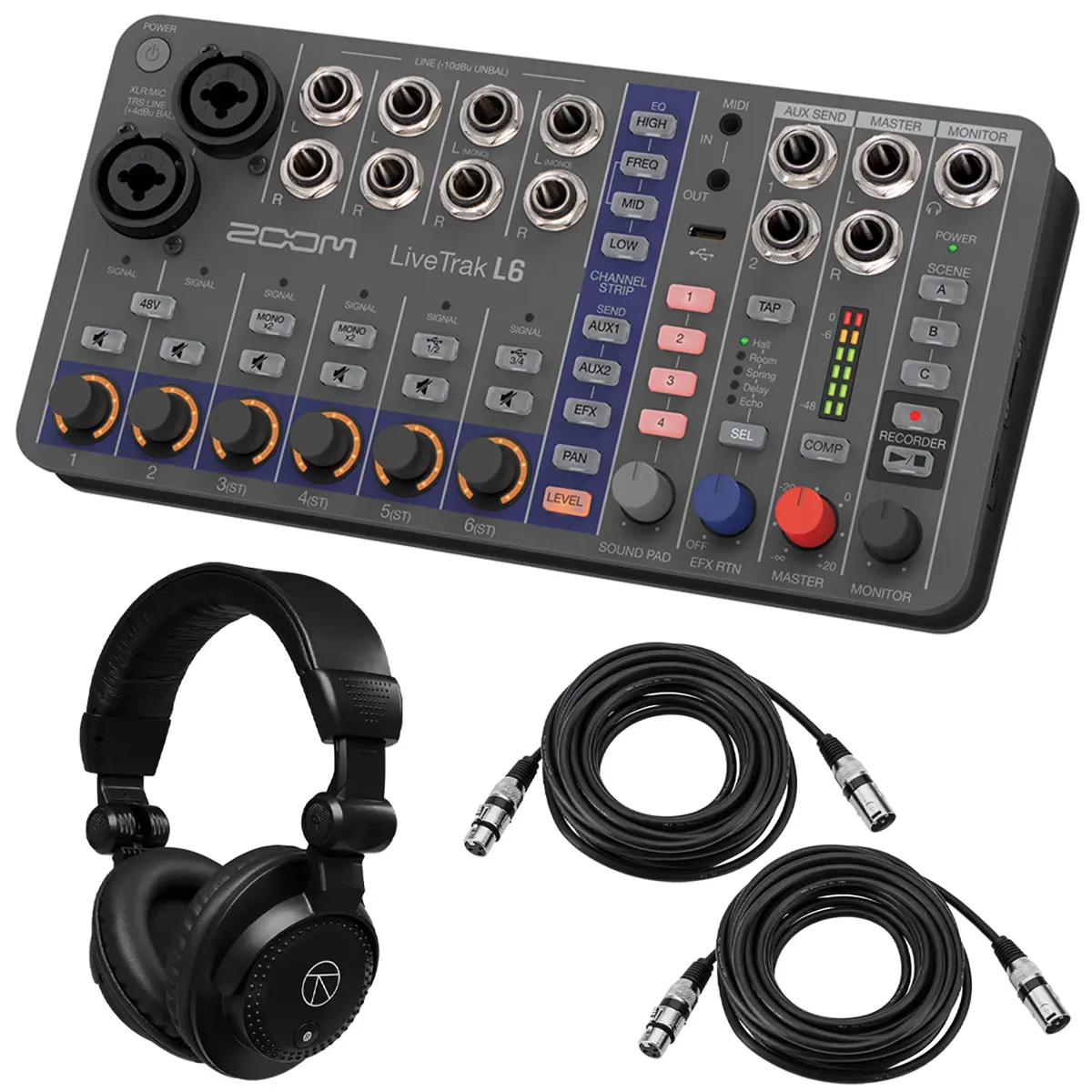 Zoom LiveTrak L6 10-Track Compact and Portable Digital Mixer/Recorder, Bundle with TAPH100 Monitor Headphones and 2x 25' XLR M to F Microphone Cable