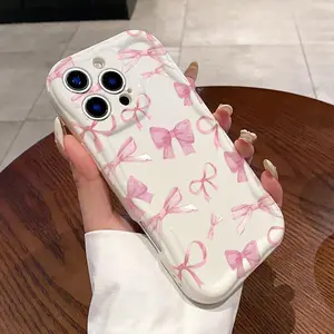 Cream Cute Pink Bow Pattern Curly Wave Frame Phone Case for iPhone 17 Air 16 15 14 Pro Max 13 12 11 X XS Plus Shockproof Full Camera Protection Durable Slim Silicone Cover Cellphone Casing