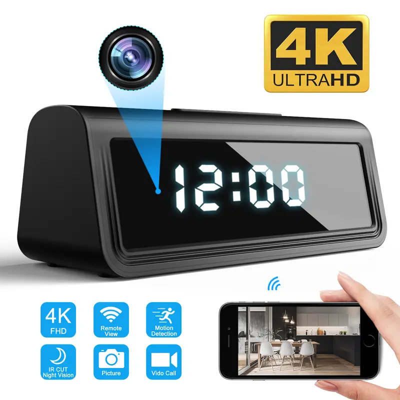 1080p 4K WiFi Camera Clock - 5G/2.4G Wi-Fi Security Device with 166-Degree Pinhole, Night Vision, Motion Sensor, 7/24 Hours Recording, Remote Viewing, Battery Powered, Card Charging, Wifi Indoor Cameras for Home Monitoring, Smart Home Gadget