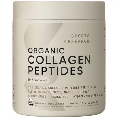 Sports Research Organic Collagen Peptides - USDA Certified Organic Hydrolyzed Type I & III Collagen  - Unflavored - 30 Servings