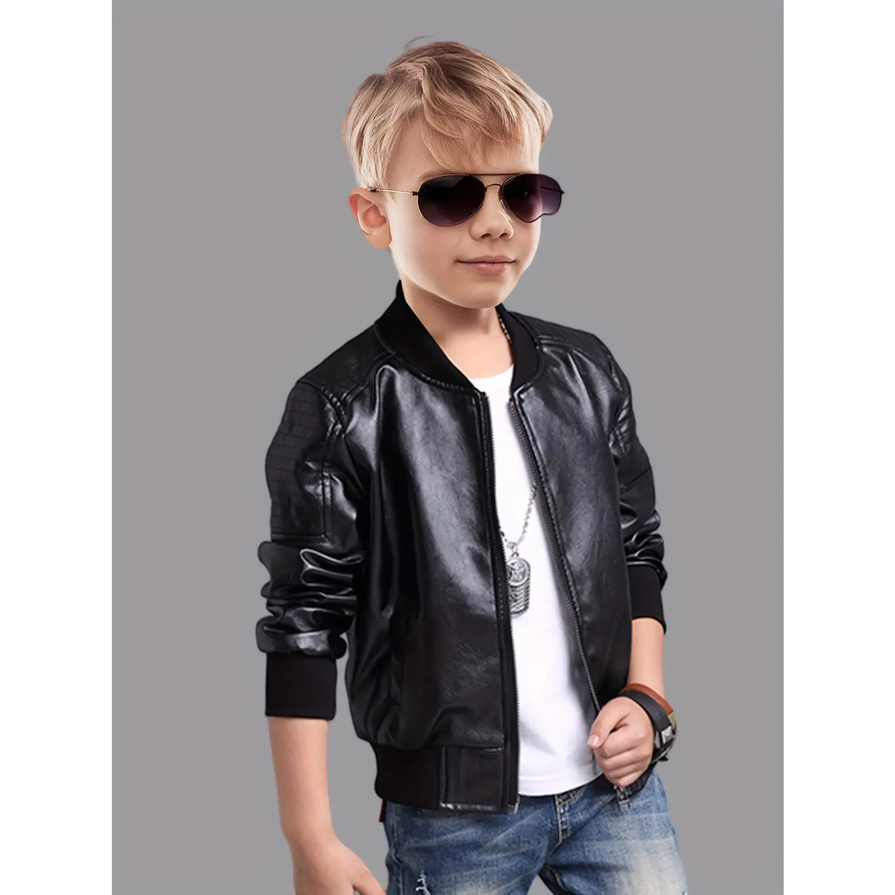 Boys' PU Leather Full-Zip Solid Color Collared Blazer - Polyester, Machine-Washable, All-Season Casual Comfy Zipper Front Child Sized Outerwear, Casual Comfy Jacket, Zipper Front Jackets, Child Sized Boys' Jackets