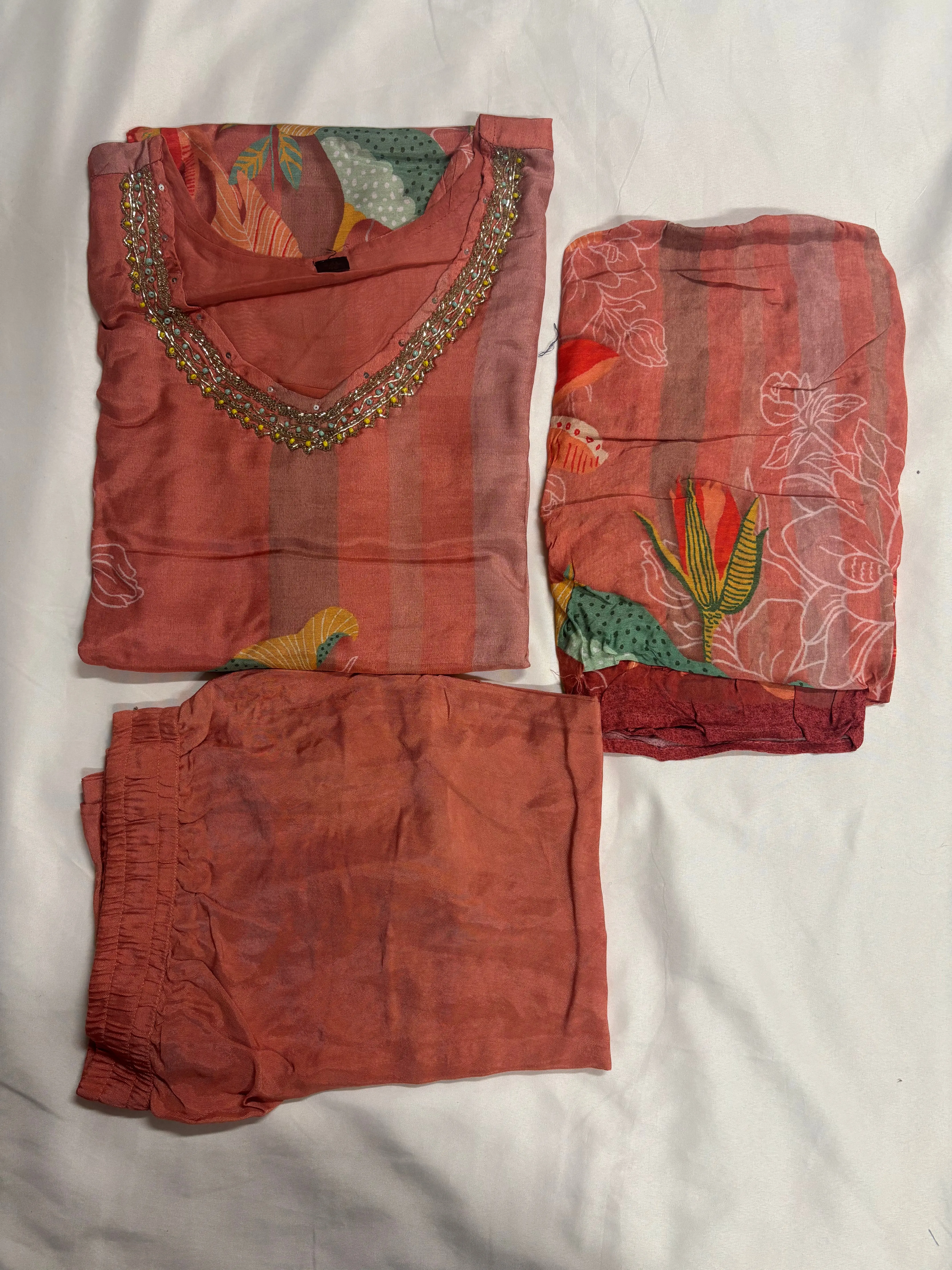 Three piece set Hand worked Orange Parrot Motif Kurtha Set