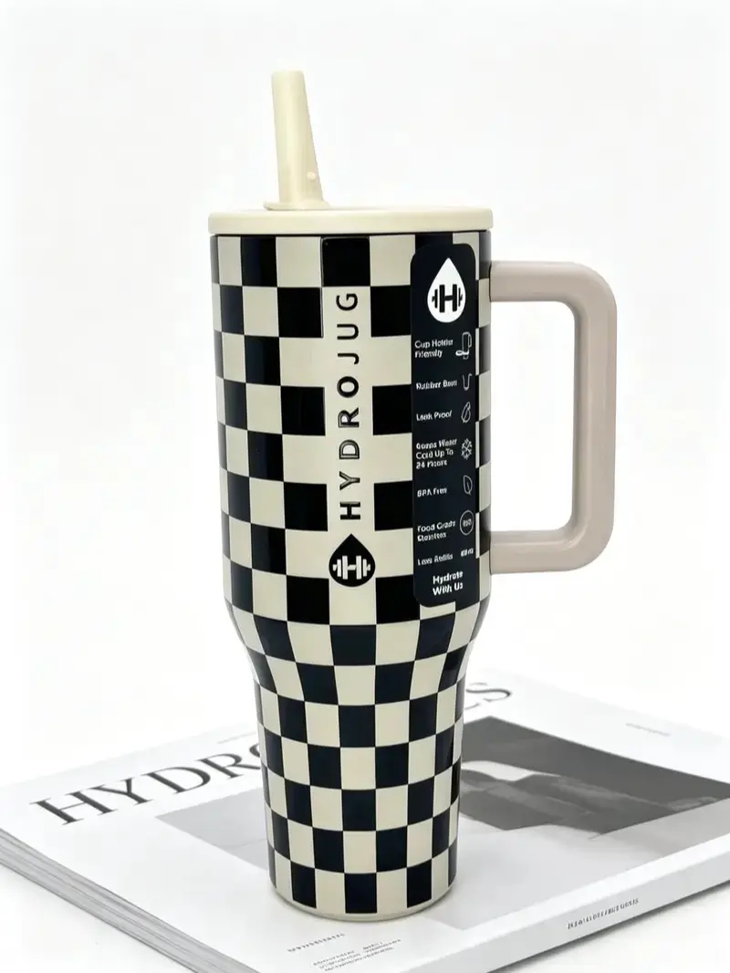 HydroJug 40oz Stainless Steel Insulated Flask - Black & White Checkered Compact Travel Drinkware, Includes Handle, Flip-Top Straw, Non-Slip Base, Car Cup Holder-Fit, Ideal for Daily Hydration, 1,000-2,000 ml Capacity, Flasks, Portable