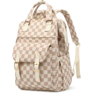 Laptop Backpacks for, Corduroy High School College Bookbag 15.6 Inch Laptop Bags for Girls Travel Daypack - Checkered Brown