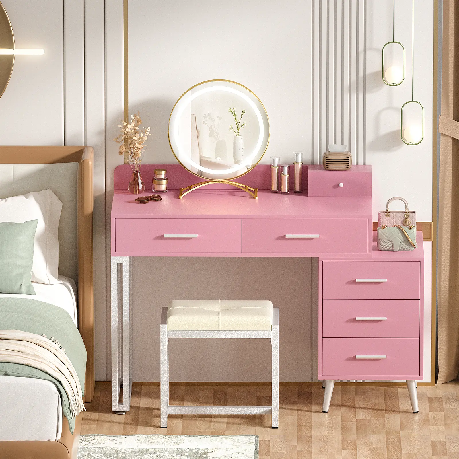 Vanity Desk with Mirror and Lights, Modern Makeup Vanity Table Set with 6 Storage Drawers and Cushioned Stool for Bedroom, Dressing Table with Divided Organizers for Women Girls