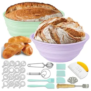 Banneton Bread Proofing Basket Set Of 2, 10'' Oval & 9'' Round Silicone Sourdough Proofing Baskets With Proofing Bowls, Linen Liner And Sourdough Starter Kit, Sourdough Bread Baking Kit Supplies