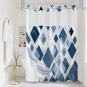 No Hook Geometric Shower Curtain with Snap in Fabric Liner Set - Navy Blue Hotel Style, Modern Abstract Design for Bathroom Decor 71" x 74"