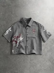 Men’s and women’s summer short-sleeve checkered shirts, American retro street style, gothic cross-stitch print checkered pattern short-sleeve shirt Y2K street style short top, suitable for streetwear and Y2K fashion outfits, ideal for men’s gifts, couples