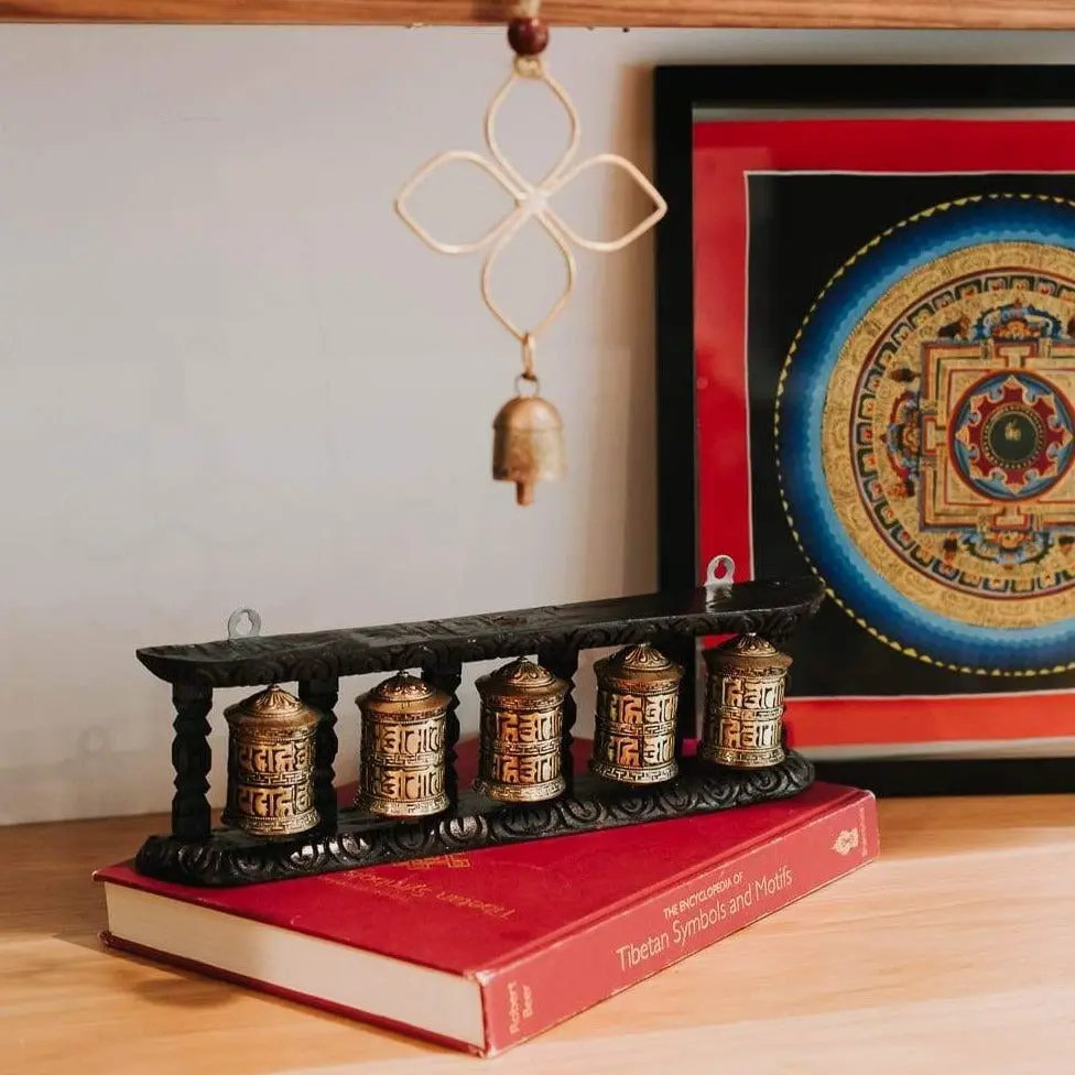 Set of 5 Prayer Wheels with Wooden Frame