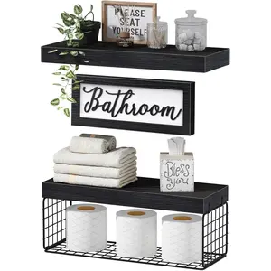 ?Bathroom Shelves Over Toilet - Paper Storage Wall Mounted Farmhouse Decor Decorations Aesthetic Decor Sign Small Floating Shelf 2+1 Set 16 inch, Black (020B)