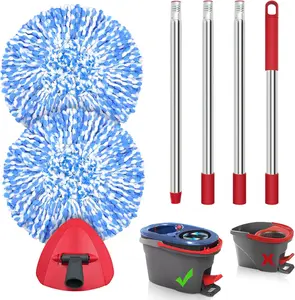 Spin Mop Replacement Heads, Base, Handle for EasyWring 1 Tank System, Includes 2 Microfiber Refills, 1 Triangle Cover and 58 inches Long Pole for Cleaning Bathroom Kitchen Tile Floor