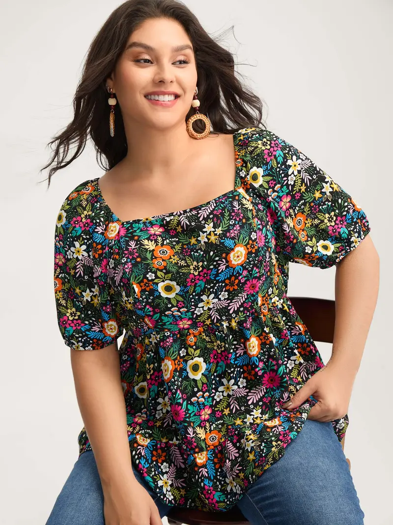 BLOOMCHIC Floral Square Neck Fitted Blouse Short Sleeve Lantern Summer Boho Top for Women Blackflower Turquoise 100% Polyester Shirts Shortsleeve Womenswear Bohemian Casual Button Down