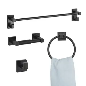VEVOR Matte Black Bathroom Hardware Set, 4 Pieces Stainless Steel Bathroom Accessories Set, 24-inch Towel Bar, Towel Ring, Robe Towel Hook, Toilet Paper Holder, for Bath Room, Wall Mounted