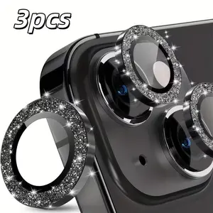 3-Piece Black Glitter Protective Camera Lens Protector - Compatible with iPhone 17/16/15/14/13/12/11 Series Phone Lens Protector - Exquisite, Scratch-Resistant, Drop-Resistant, and Practical