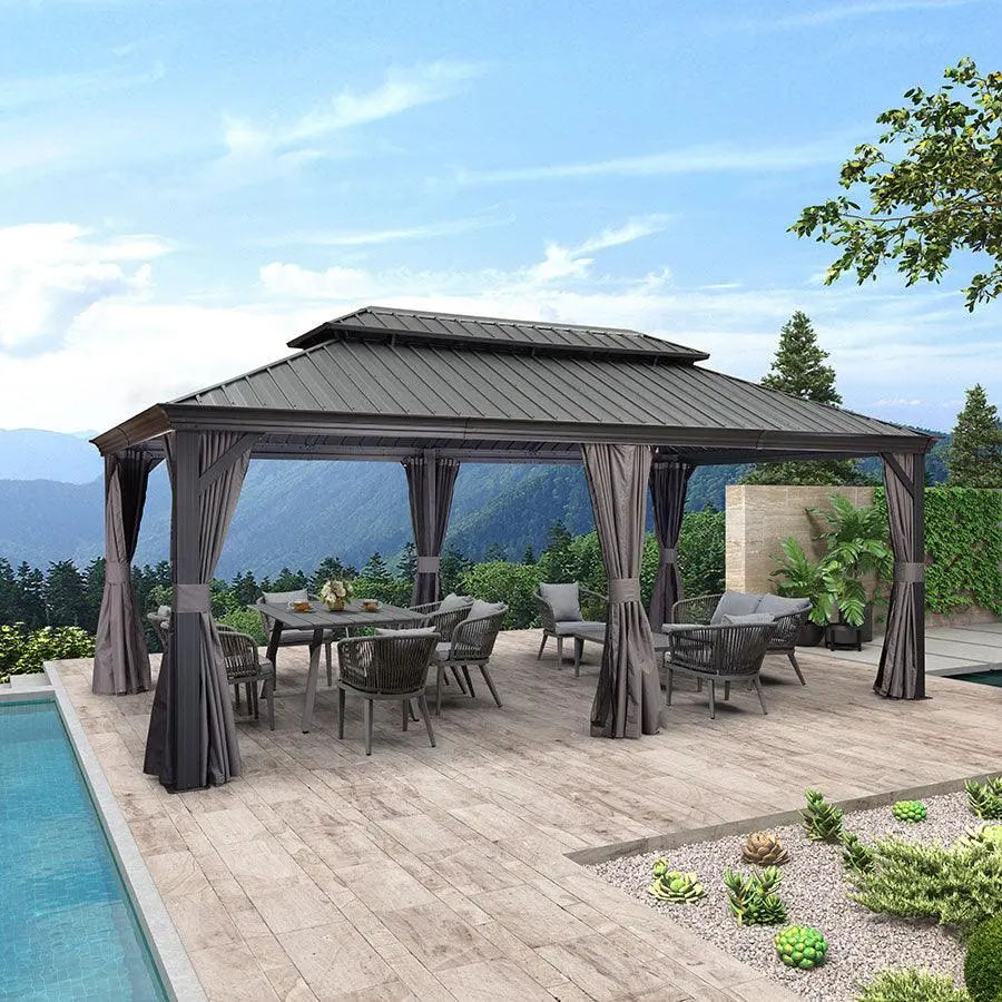 PURPLE LEAF 12' x 20' Hardtop Patio Gazebo, Outdoor Shade Canopy, Grey Galvanized Steel-Aluminum Frame Backyard Oasis with Upgraded Curtain for Backyard