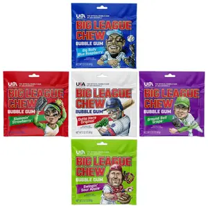 Big League Chew Bulk Baseball Gum Variety Pack of 5 Baseball Candy Flavors in 2.12oz Packets - Big League Chew Blue Raspberry, Grape, Strawberry, Green Apple & Original - Softball Candy