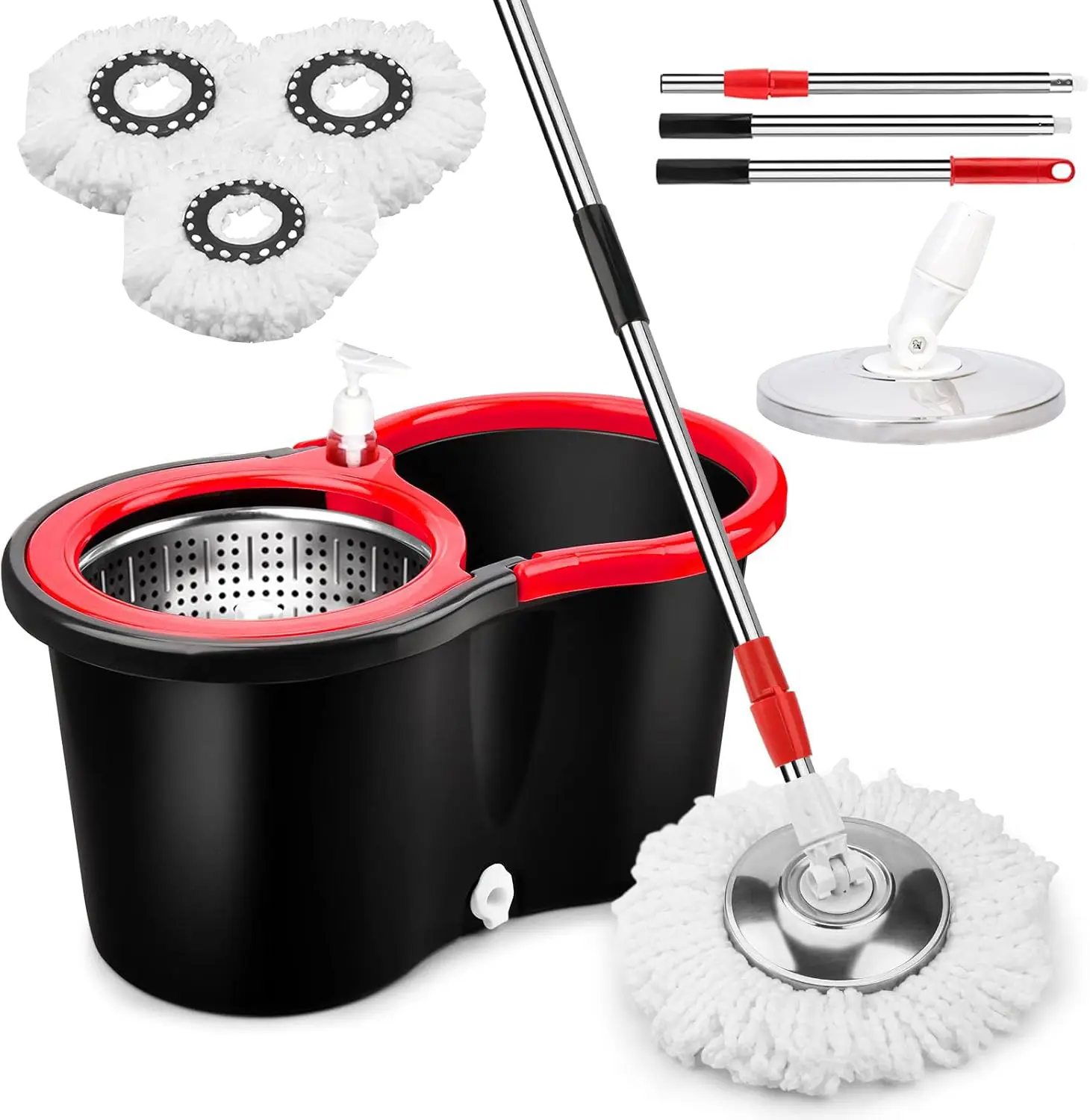 SummerVibes 360° Rotatable Mop & Bucket Set - Stainless Steel 61in Adjustable Handle, Soap Dispenser, Drain Hose, 3 Microfiber Mop Heads, Hardwood Floor Tool, Whole-Home Care Lightweight No Pedal Mother's Day Gift