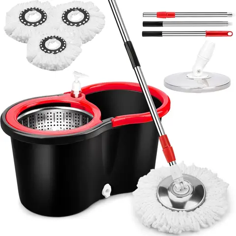 Spin Mop and Bucket Set with Box - 360° Auto Rotating Hardwood Floor Cleaner, 61in Adjustable Stainless Steel Pole, Soap Dispenser, Drain Hose, 3 Microfiber Mop Heads, Quick Dehydration, Lightweight No-Pedal Home Kitchen Tool