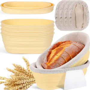 4 Pack Oval Bread Proofing Basket Silicone 10 Inch Collapsible Sourdough Bread Baking Supplies Dough Proofing Bowl with 4 Pcs Dough Scraper and 4 Pcs Basket Covers for Making Bread (Yellow)