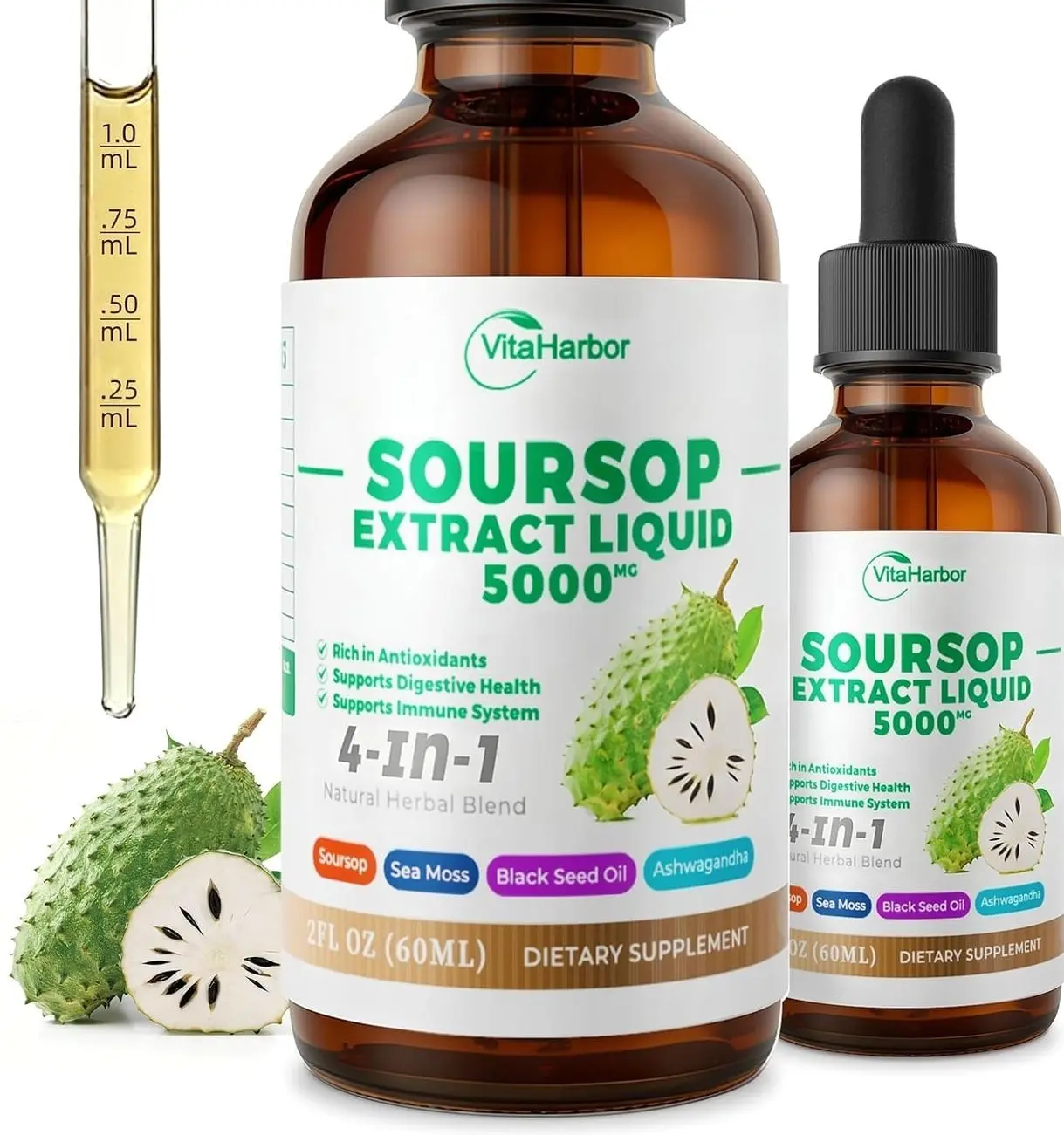 4-in-1 Soursop Bitters Liquid, Soursop Oil with Sea Moss & Black Seed Oil & Ashwagandha, for Immune & Digestive & Cell Support, Sugar-Free | Non-GMO | Vegan (2 Fl oz) Slightly Sweet Flavor