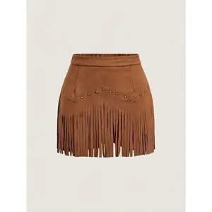 Women's Vintage Hippie Rivet Fringe Faux Leather A-Line Skirt, Retro Style, Casual Fashion, All Seasons Wear